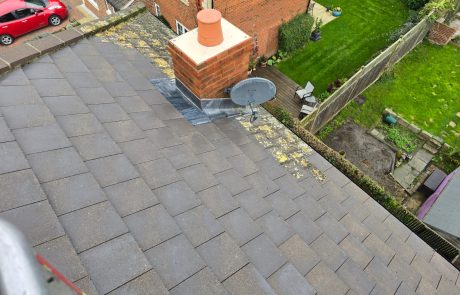 Before and after of roof being pressure washed Before and after of roof being pressure washed